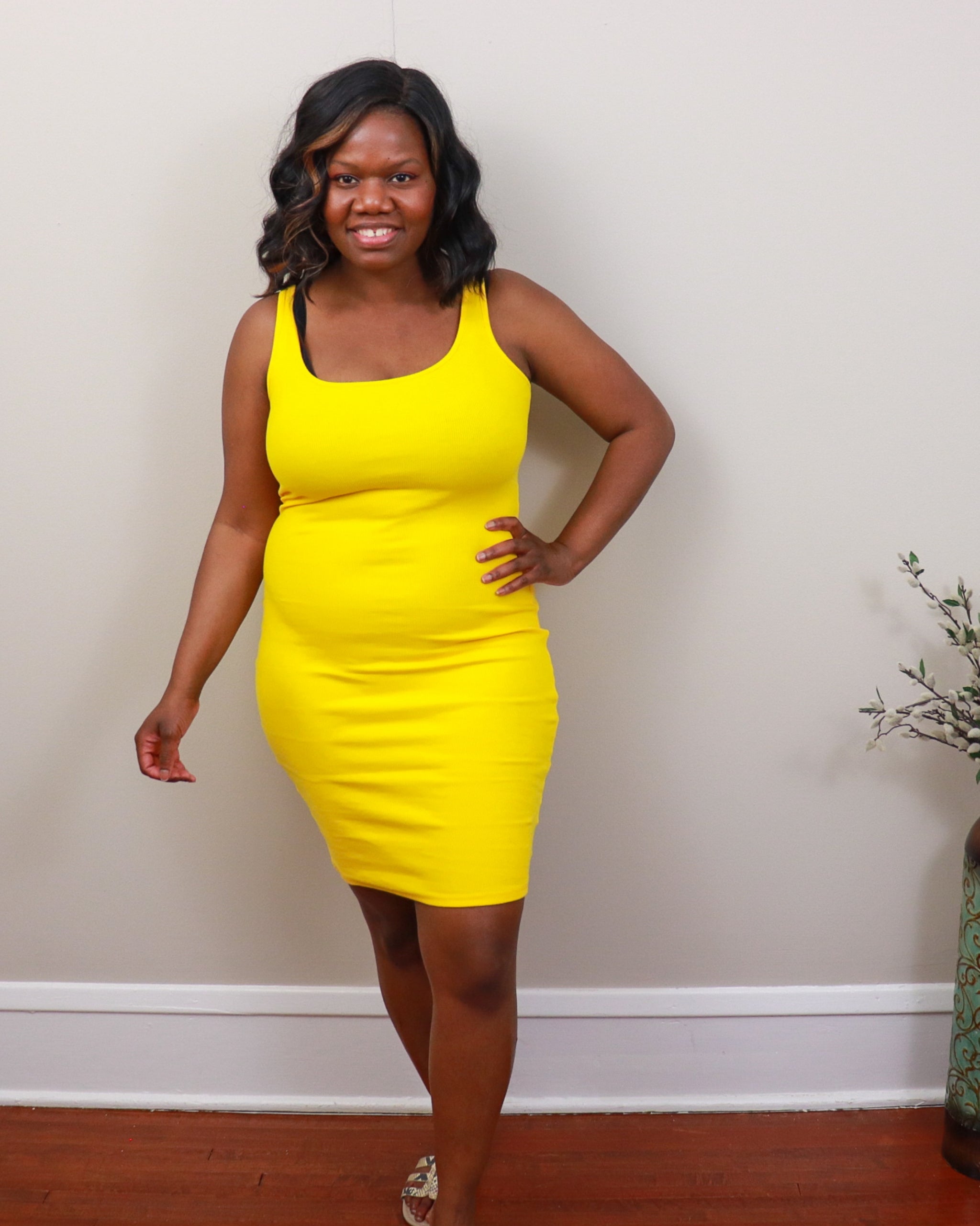 Knee Length Ribbed Tank Dress (yellow ...